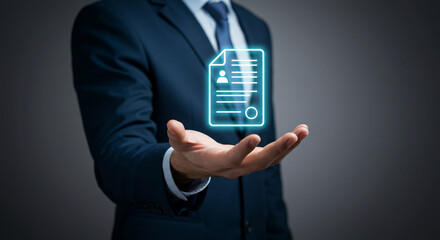 Businessman Holding Digital Document: Data Management and Security Real estate business ,technology ,selling ,purchasing ,agreement ,$