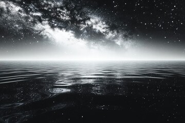 Fototapeta premium A serene black and white seascape under a breathtaking starry night sky, reflecting celestial beauty.