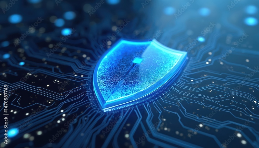 Aufkleber Blue shield logo on hi-tech cyber security interface. AI security lock digital protection network defense. Intricate lines digital privacy and data encryption concept.