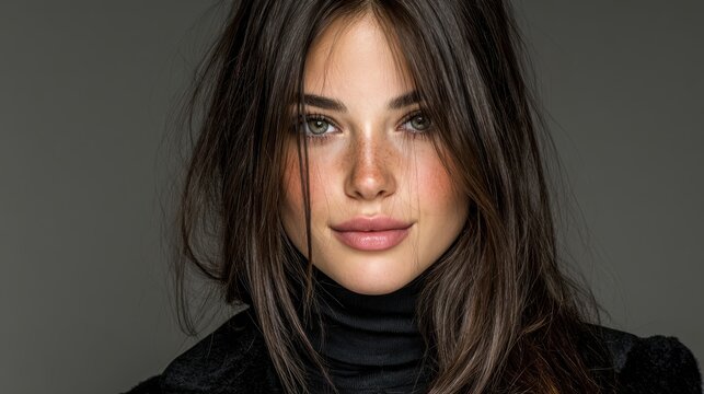 Portrait of a beautiful female model with long brunette hair, stylish and confident, isolated on background