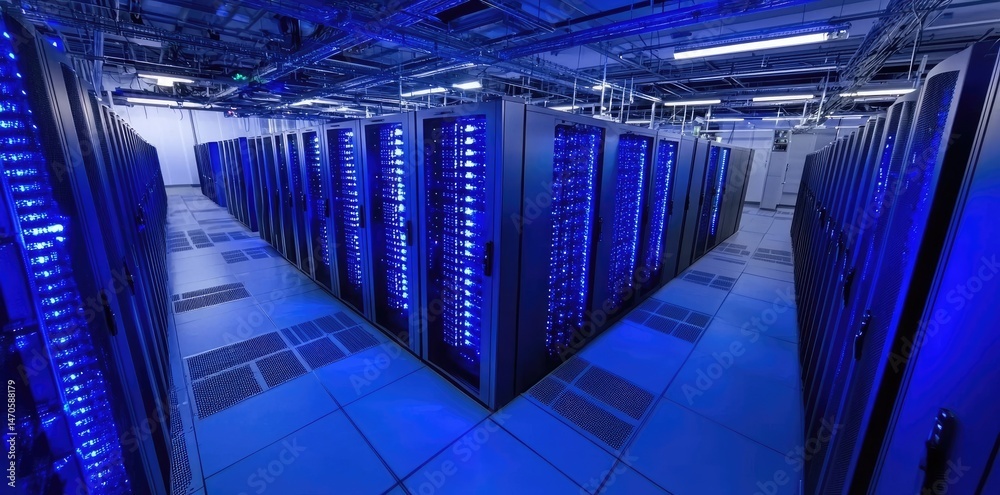 Aufkleber Bright blue-lit data center with multiple rows of modern server racks in a triangular arrangement, ideal for technology content and IT infrastructure visuals