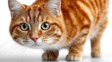 Fototapeta premium Orange tabby cat standing, curious and confident, isolated on white background