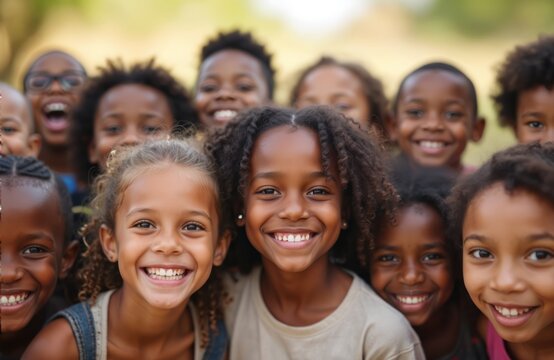 Joyful group of African American children smiling at camera. Diverse kids exhibit genuine happiness, friendship. Childhood portrait represents positive emotions, teamwork, community. Happy faces