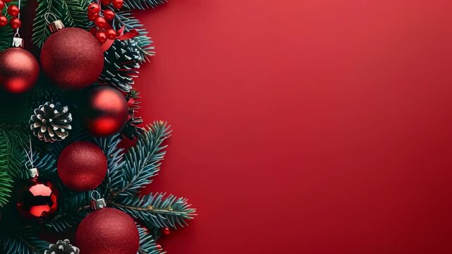 Festive holiday border featuring red ornaments, pine cones, and red berries nestled among blue-green pine sprigs against a deep red backdrop. Ideal for Christmas or winter seasonal themes.