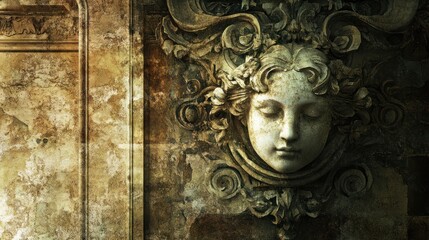 Ornate stone carving of a serene face on weathered stone.