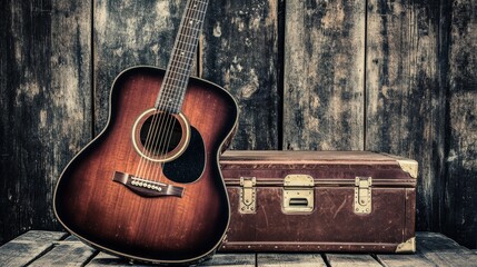 Fototapeta premium Rustic acoustic guitar and vintage suitcase on weathered wood.