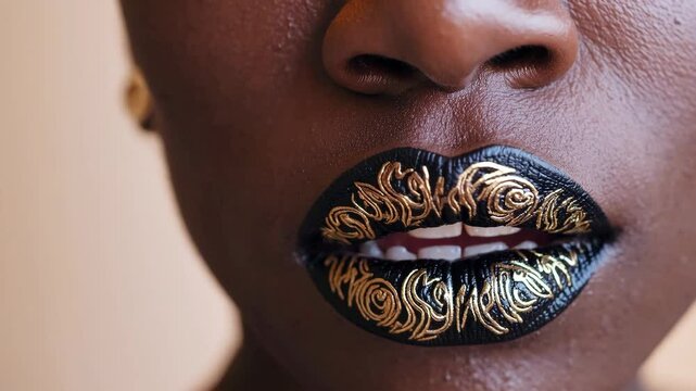 Intricate black and gold lip art on diverse skin tone showcasing detailed cosmetic creativity