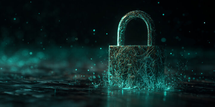 Metal padlock covered in glowing teal network, dark background, symbolizes digital security, data protection, and cybersecurity