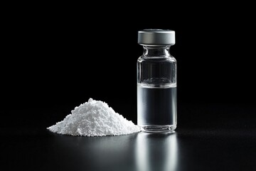 Vial of Clear Liquid Beside Pile of White Powder on Reflective Black Surface