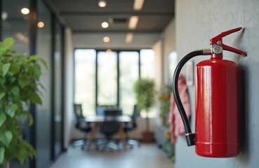 Red fire extinguisher mounted on office wall. Emergency equipment for fire safety, prevention, hazard control. Corporate interior, modern design. Protection, security, preparedness, response. Fire