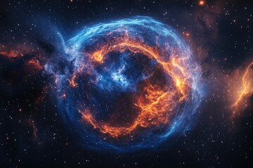 Obraz premium A vibrant nebula, swirling with fiery orange and cool blue hues, amidst a star-studded cosmos.