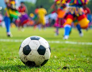 Soccer Ball on Field with Players in Action