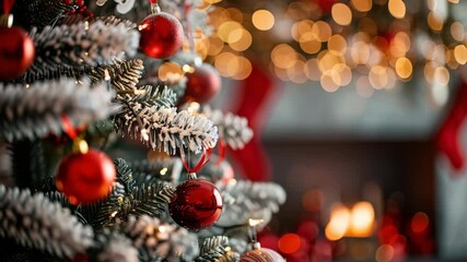 Close-up capturing a festive holiday scene with a decorated tree featuring red ornaments. A warm, cozy atmosphere is evoked by the soft, blurred lights and a glimpse of a fireplace in the background.