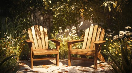 Obraz premium Serene garden chairs, dappled sunlight, floral background, peaceful relaxation