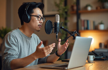 Asian man hosts streaming podcast with condenser microphone at home studio. Content creator, blogger records voice over interview guest conversation on laptop. Pro audio equipment, online