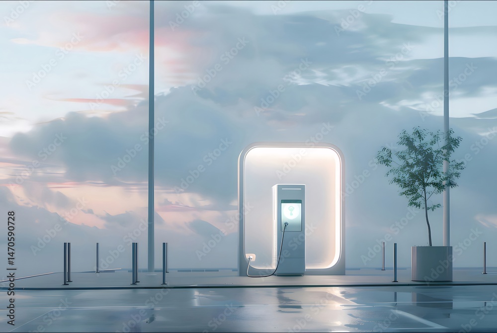 Aufkleber 曇り空の下で光る電気自動車充電ステーション 未来的な屋外の充電風景と水たまりの反射