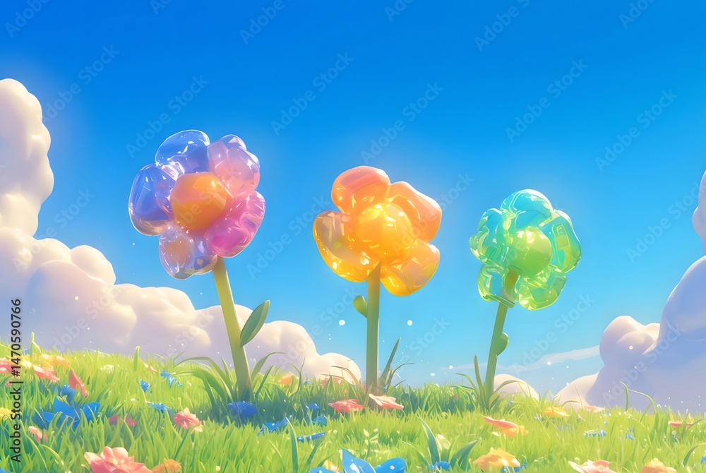 Poster 晴れた日の青空の下の緑の牧草地にあるパステルカラーの装飾的な花のクローズアップ