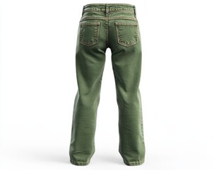 Olive green baggy jeans, back view.  Detailed denim, pockets, and stitching visible