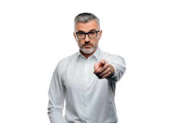 Confident businessman directs decisively against a clear backdrop