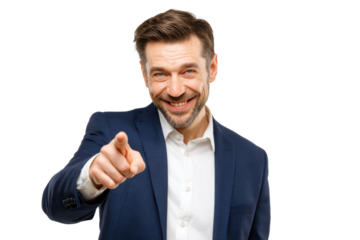 Professional businessman confidently pointing with a smile against a clear backdrop