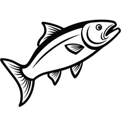 Monochrome drawing displays a powerful fish leaping upward with graceful fins on transparent background