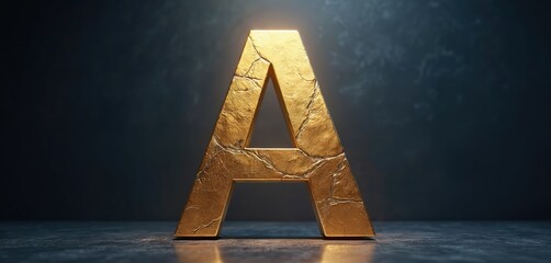 Scratched golden letter A on dark backdrop. Shiny metallic capital alphabet. Font, typography design, 3d render illustration. Modern illuminated graphic element. Gold texture, abstract art.