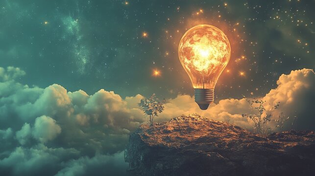 Fantastic moonlit night sky scene with glowing lightbulb on rock art dark blue tree idea stars image