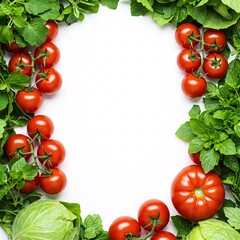Frame of fresh tomatoes, cabbage, and greens on a white
