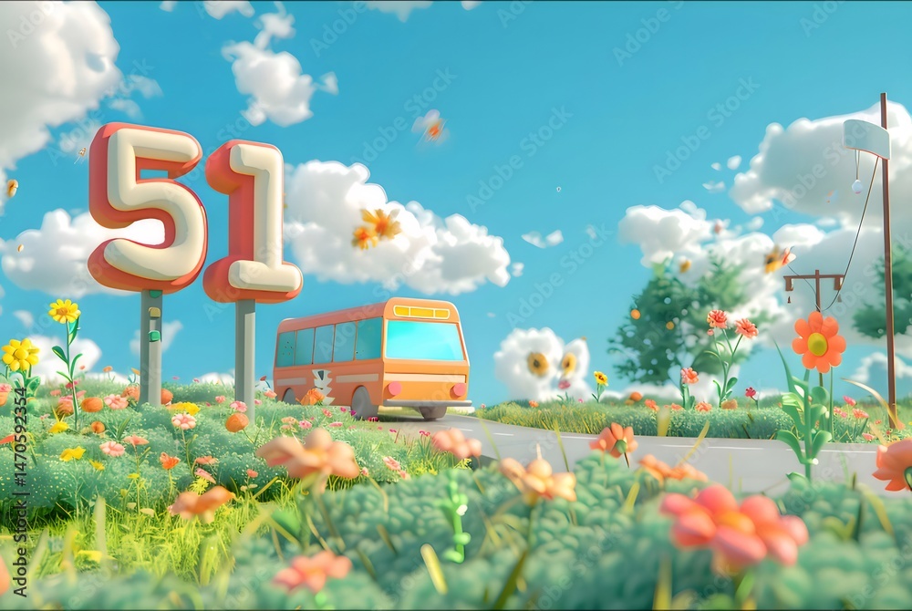Aufkleber 青空の下 花畑の中を走るオレンジ色のバスと数字51の標識 美しい自然の風景 イラストレーション