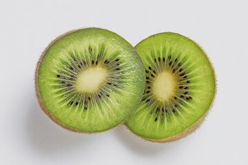 Two juicy kiwi fruit halves, vibrant green,  showcasing their seeds and texture.