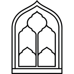 Ornamental window line art displays intricate arched patterns, creating classic symmetry with transparent background