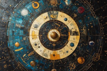 Fototapeta premium intricate astrological birth chart with detailed planetary positions and houses, surrounded by zodiac symbols, astrology hobby
