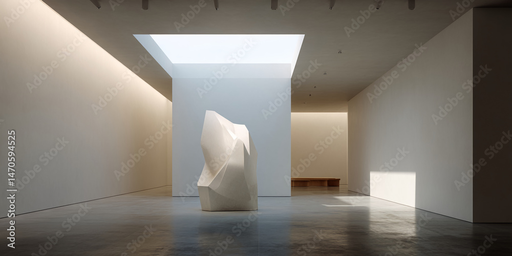 Poster white abstract sculpture in minimalist gallery setting, showcasing clean lines and architectural des