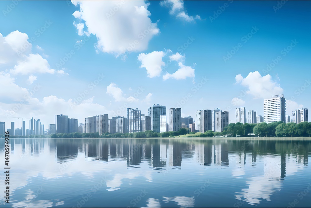 Poster 湖に反射する高層ビル群のある晴れた日の都市景観 青い空と白い雲が広がる現代的な建築風景
