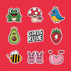 Cute Feminine Animal Sticker Pack with Avocado, Frog, Mushrooms and Girl Power Text
