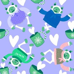 Winter monsters seamless Christmas yeti pattern for wrapping paper and fabrics