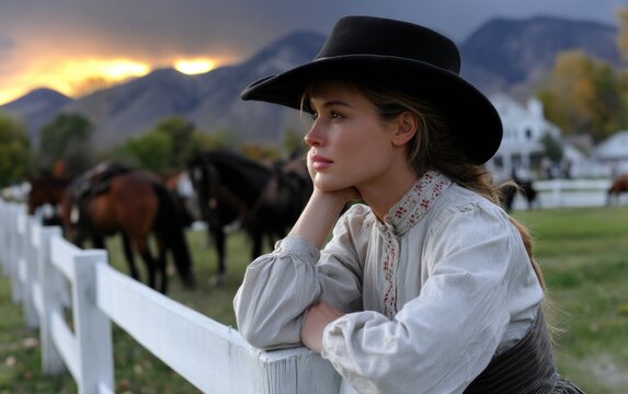 A young woman wearing a wide-brimmed hat leans on a white fence, gazing thoughtfully as horses graze nearby. The sun sets behind distant mountains, creating a serene atmosphere in nature