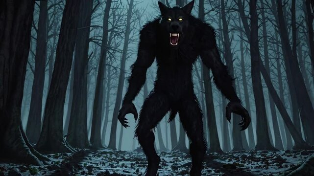 Fearsome werewolf approaches menacingly through a dark enchanted forest
