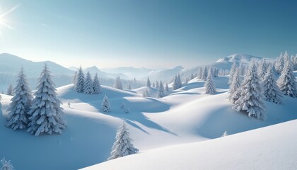 Fototapeta premium Expansive view of symmetrical snow-covered hills. Clusters of trees dot white landscape, creating serene winter scene. Cold season landscape with snowy hills, trees under sunlight. Perfect for winter