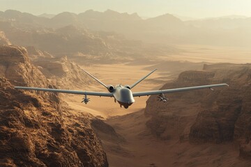 A military drone flies over a desert landscape, showcasing its surveillance and potential strike capabilities.