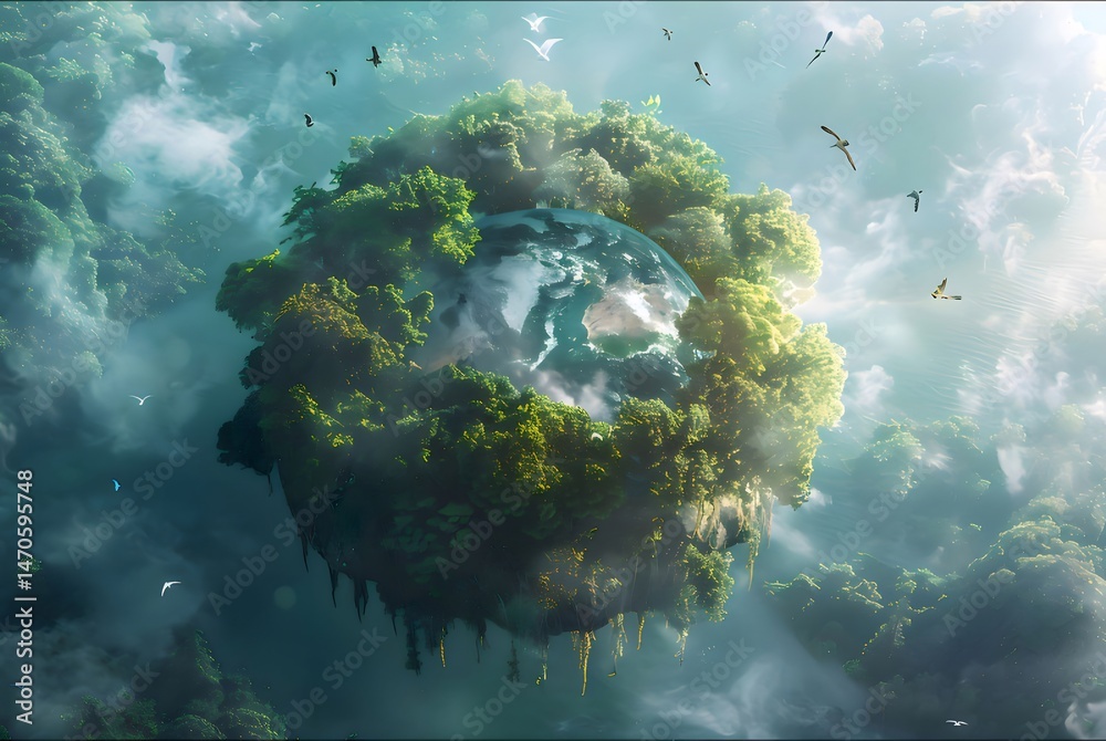 Aufkleber 緑豊かな樹木に囲まれた地球が浮かぶ幻想的な惑星の風景 雲と光が織りなす神秘的な環境保護のイメージ
