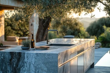 Outdoor kitchen with marble countertop, sink, and integrated appliances, bathed in sunset light.