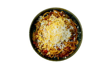 Guiro Lagman (Guruy Lagman) — stir-fried noodles with meat, vegetables, and rich sauce, topped with grated boiled egg, served in a deep bowl.