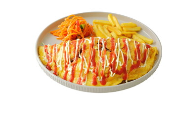 Brizol with French fries, a salad of carrots and cucumbers, drizzled with ketchup and mayonnaise, on a white background.