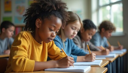 Multi ethnic students take exam at high school. Diverse group of pupils writing in class during lessons. Young teenagers preparing for technical preparation course, learning together in classroom.