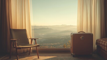 Tranquil mountain getaway: sunrise view from cozy hotel room with vintage suitcase