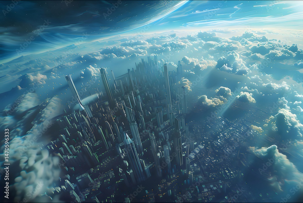 Aufkleber 地上の未来的な都市景観、青い空と雲、空中都市、デジタル生成のライト、建築、高層ビル、夜景、技術革新