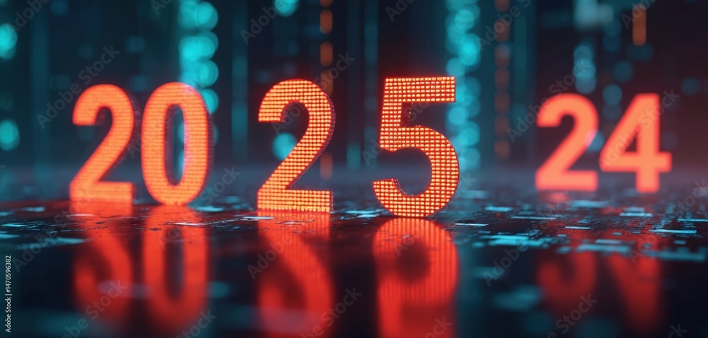 Aufkleber Modern graphic with the year 2025 and a subtle 24 background. Digital data visualization, futuristic tech design. Abstract cyberspace background with red glowing numbers.