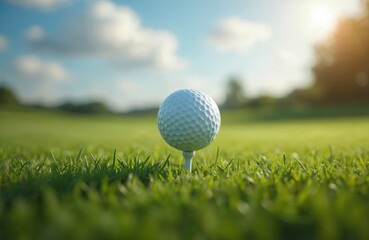 Obraz premium Golf ball on tee in green grass against blue sky. Sunny day. Golf ball is ready to be hit. Sport game, recreation, leisure, hobby, pro golf. Beautiful summer day.