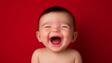 Baby's joyful laugh against red